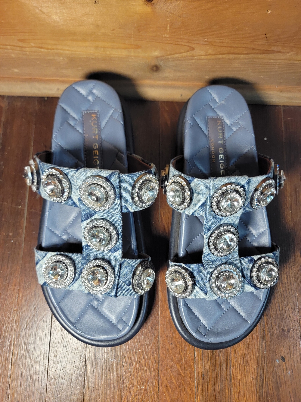 Kurt Geiger Embellished Denim Slide Sandals - Light Blue